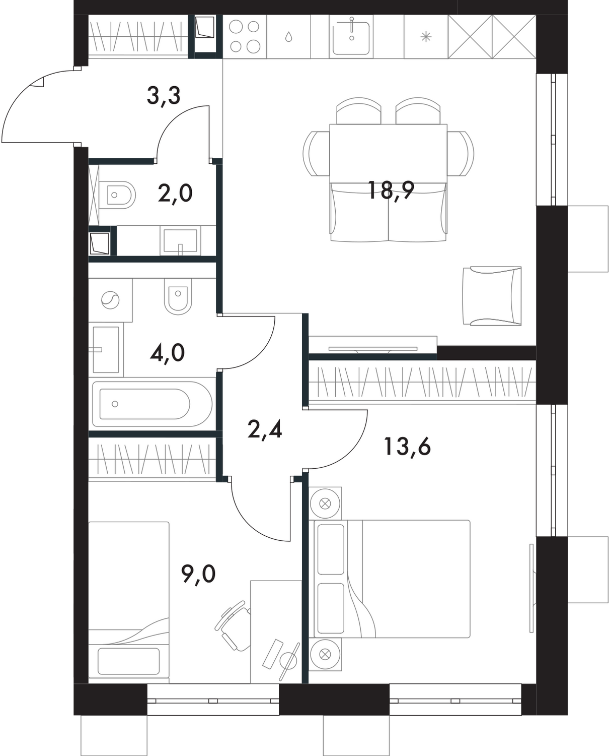 3-комнатная, 53.2 м², № 21 в Флагман