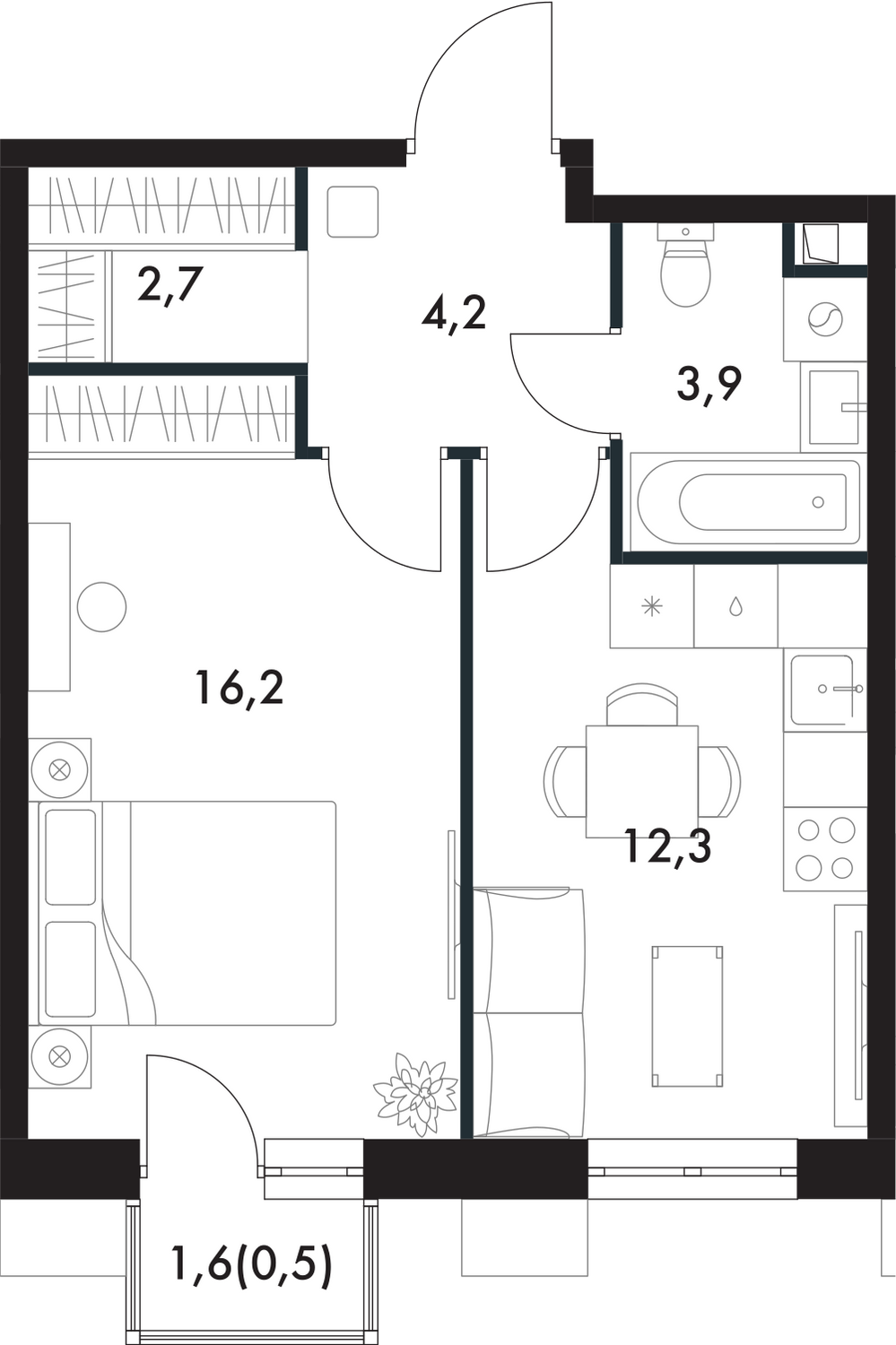 1-комнатная, 39.8 м², № 250 в Флагман