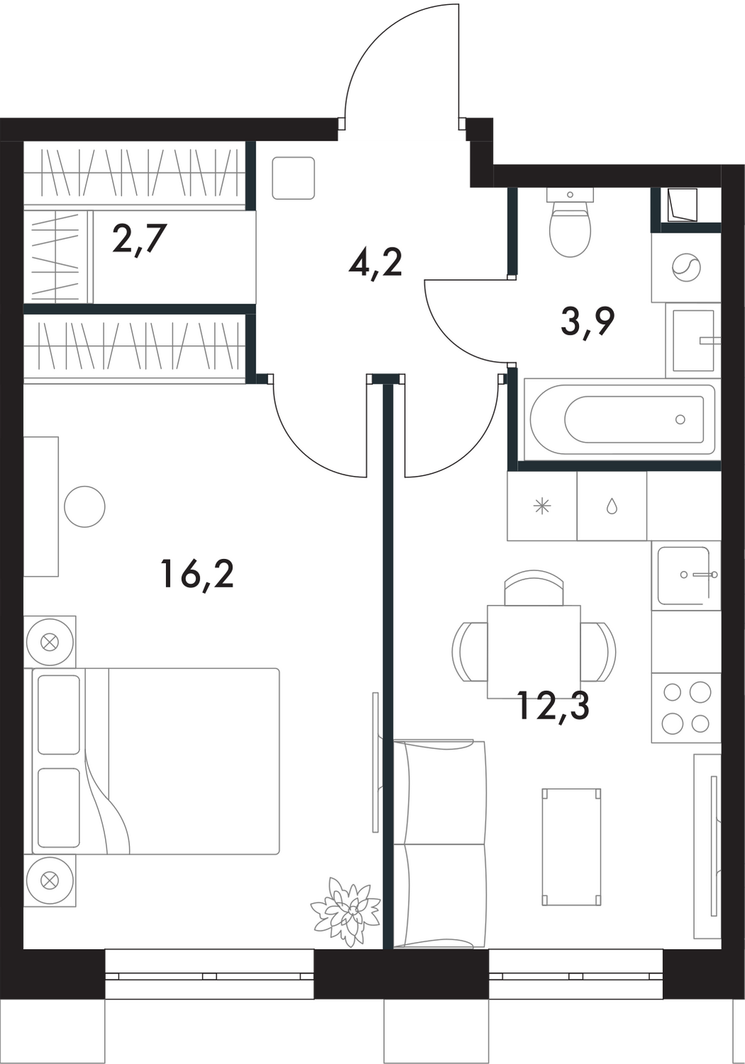 1-комнатная, 39.3 м², № 46 в Флагман