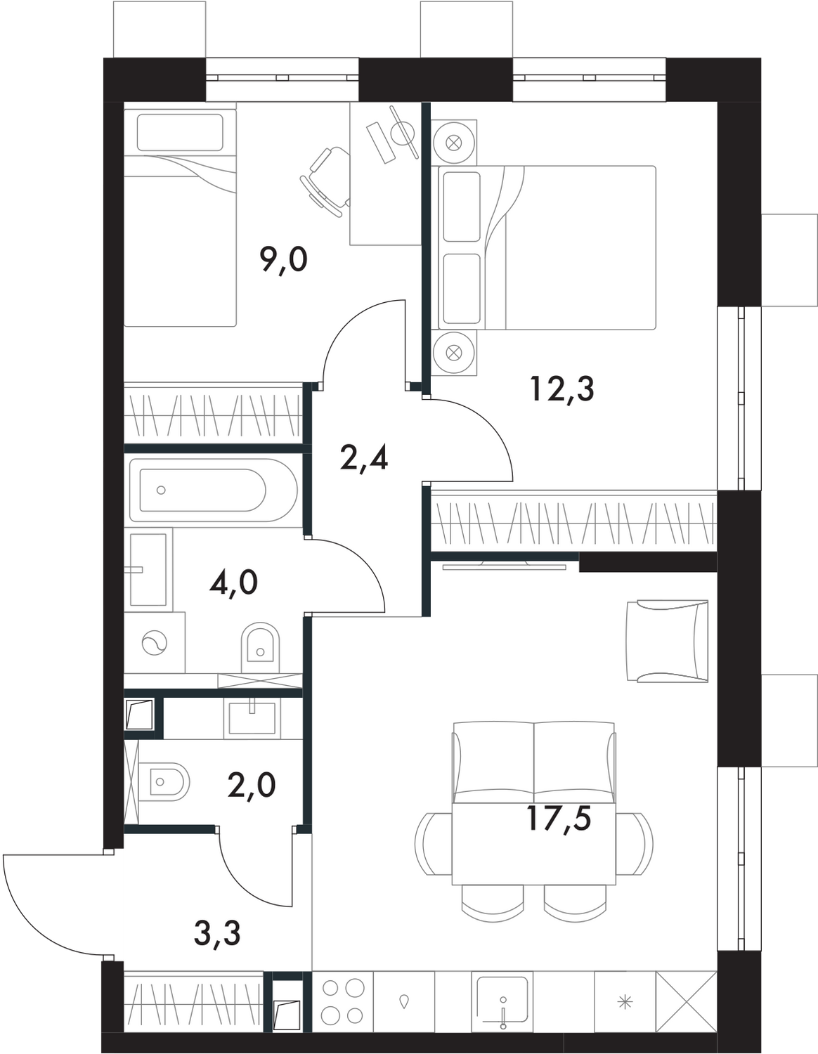 3-комнатная, 50.5 м², № 258 в Флагман