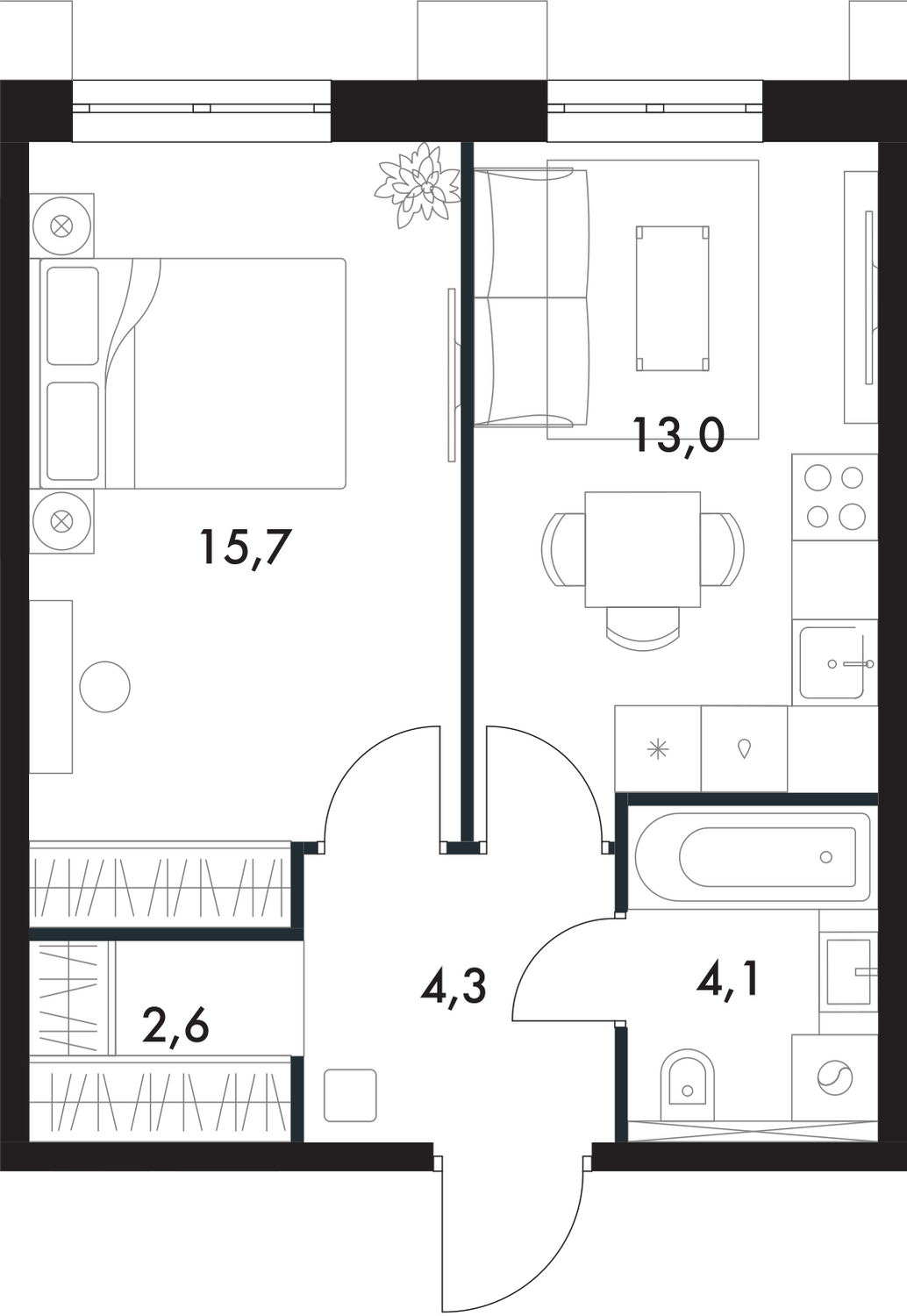 1-комнатная, 39.7 м², № 159 в Флагман
