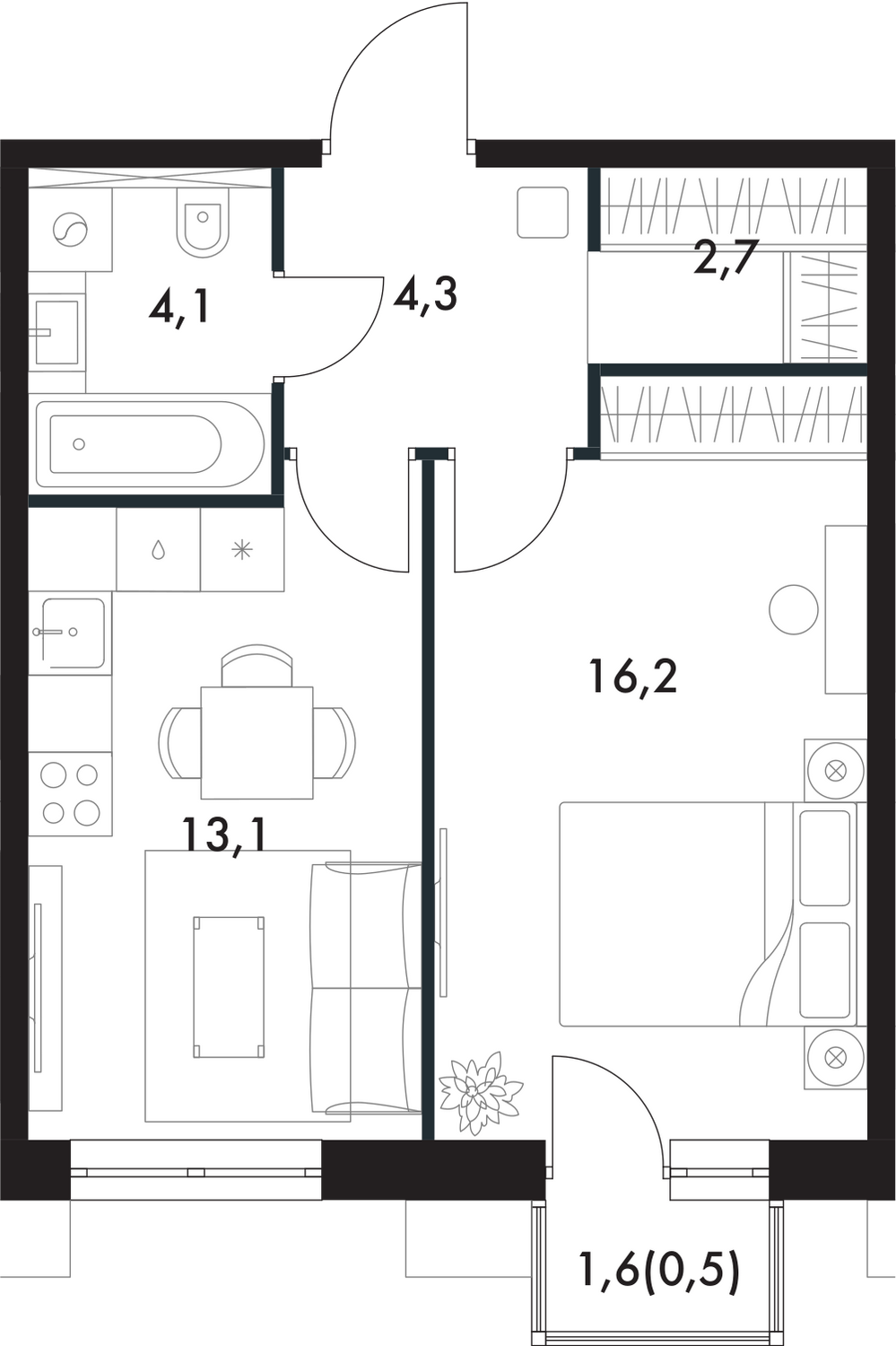 1-комнатная, 40.9 м², № 83 в Флагман