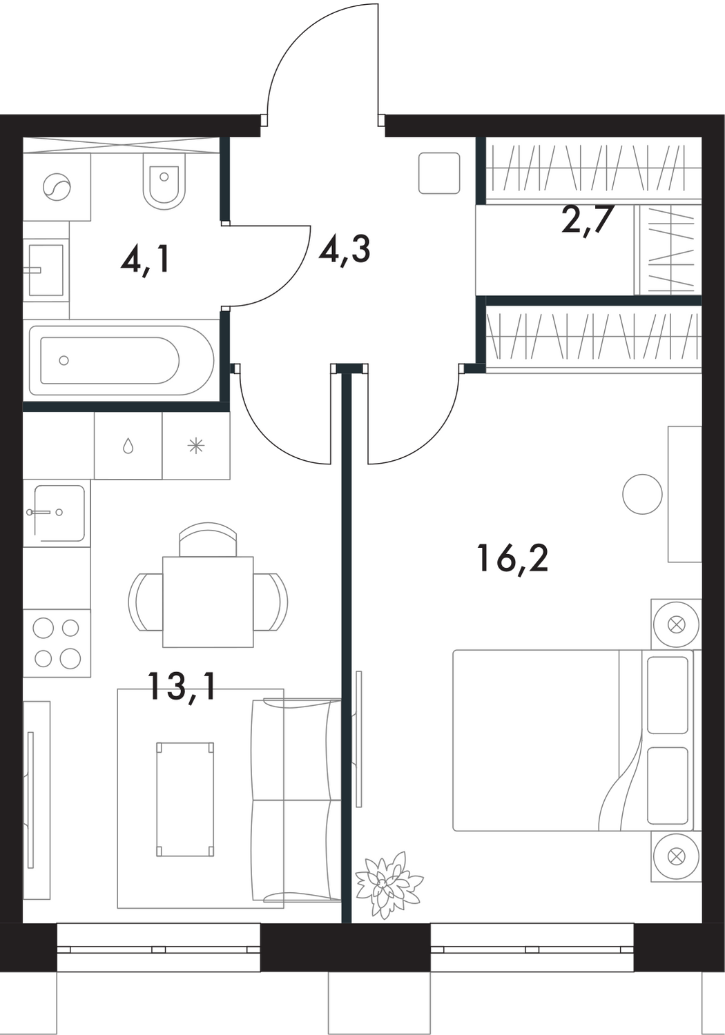 1-комнатная, 40.4 м², № 167 в Флагман